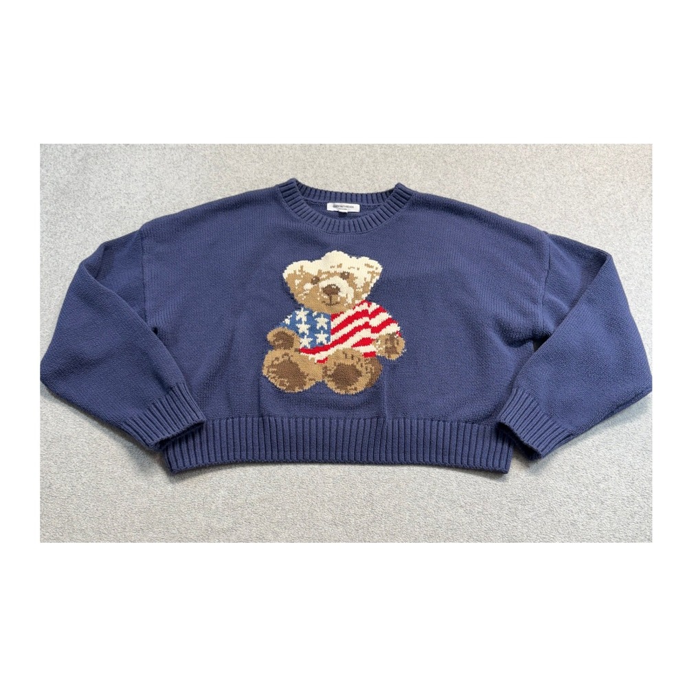 Grayson Threads Teddy Bear Sweater Womens XXL Blue Americana Flag Cropped Knit